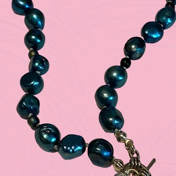 Hand Crafted Pearl Necklace Green Cultured Freshwater Black Silver Real Vintage - Picture 4 of 5